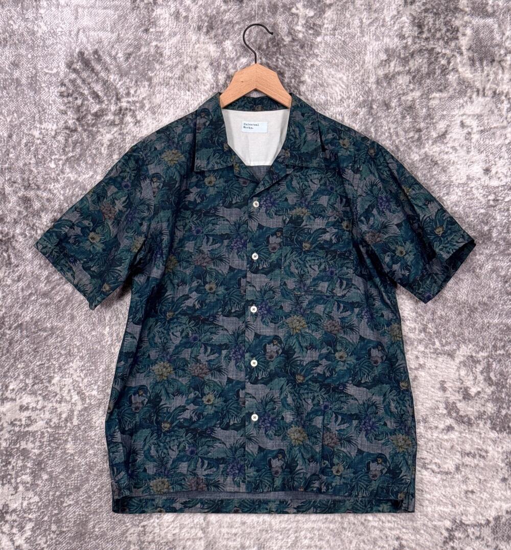 Universal Works Camp Shirt Small Mens Jungle Botanical Chambray Short Sleeve